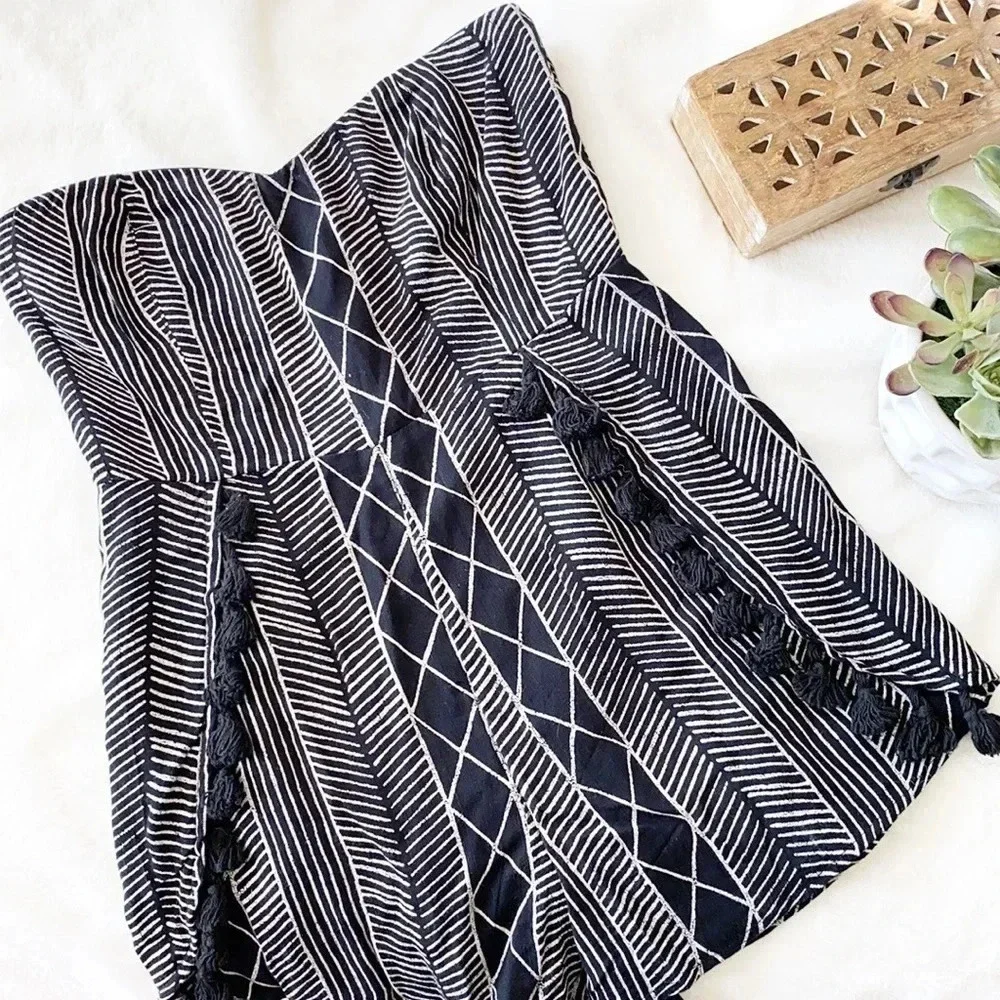Amuse Society Black/white Printed Tassel Romper